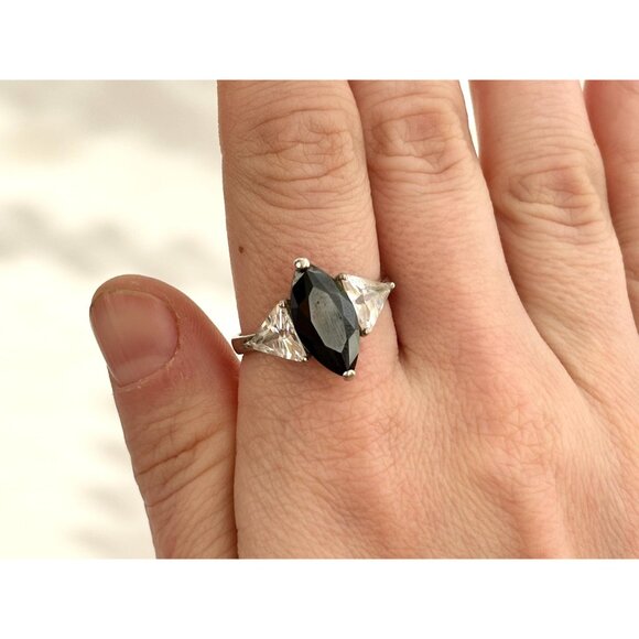 Black Onyx Marquise Cut Trillion Cut CZ 925 Sterling Silver Vintage Ring - sz 10 - Picture 6 of 15